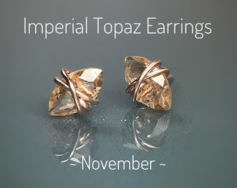 Imperial Topaz Stud Earrings. High Grade. Sterling Silver. 14K Gold/Rose Gold Filled. Includes a Gift Box & Card. November Birthstone.