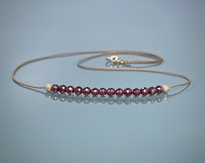 Garnet Bar Necklace. Floating Necklace. Lightweight Natural Silk Necklace. January Birthstone Gifts. Incl Gift Box, Card & Ribbon Wrapping.