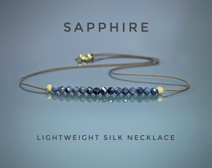 Blue Sapphire Necklace. Sapphire Floating Necklace. Lightweight Natural Silk. September Birthstone Gifts. Incl a Gift Box & Crystal Card.