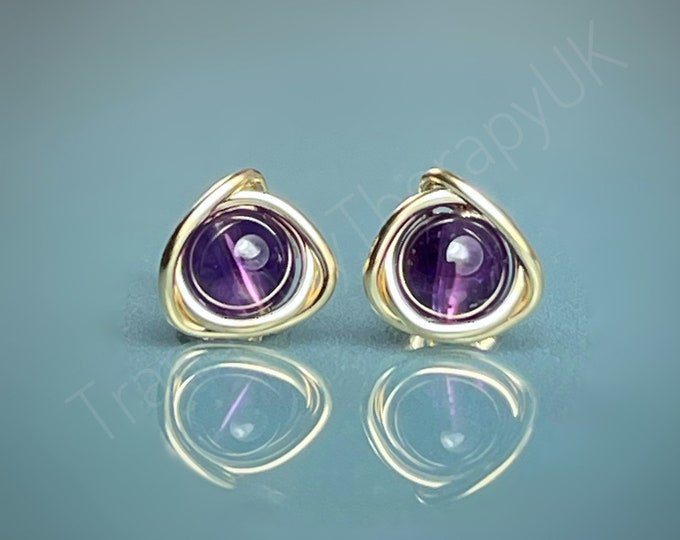 Amethyst Stud Earrings. Eternity Knot Roses. February Birthstone. Sterling Silver. 14K Gold/Rose Gold Filled. Incl Gift Box & Info Gift Card
