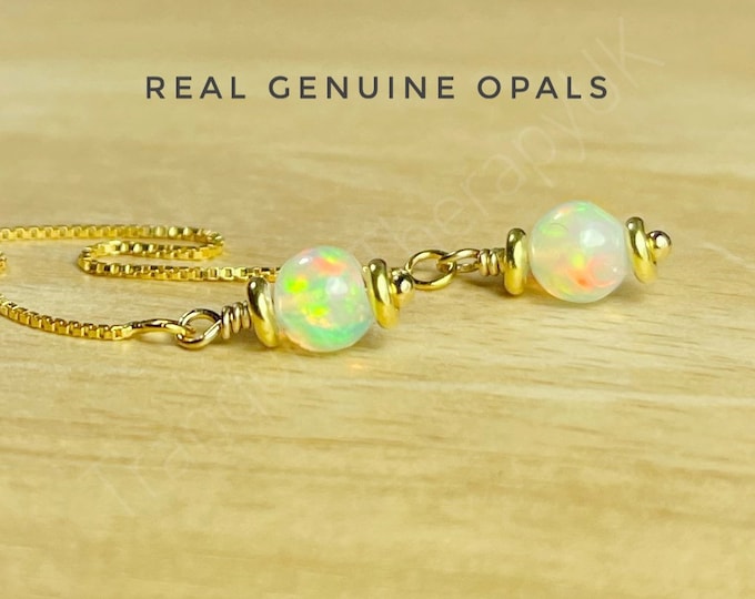 Ethiopian Fire Opal Earrings. Threader Earrings. October Birthstone. Incl Gift Box & Info Card. Genuine Natural Color Opal. Birthday Gifts