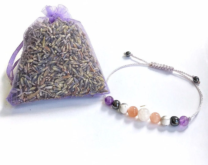 Sleep Aid and Restlessness Bracelet. Sleep Well Crystals. Protection. Organic Lavender Filled Pouch.
