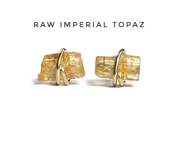 Raw Imperial Topaz Stud Earrings. Sterling Silver. Gold/Rose Gold Filled. November Birthstone. Incl Gift Box Wrapping. Golden Topaz Earrings