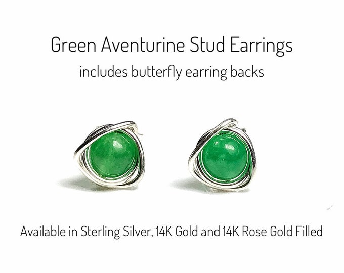 Green Aventurine Stud Earrings. Sterling Silver. 14K Gold/Rose Gold Filled. May Birthstone. Heart Chakra. Incl. Gift Box & Info Gift Card