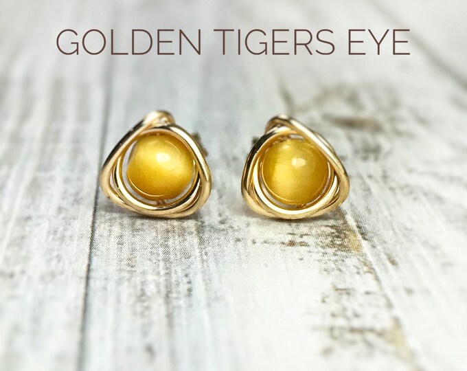 Tigers Eye Stud Earrings. Sterling Silver. 14K Gold/Rose Gold Filled. Includes Gift Box & Info Gift Card. Tigers Eye Earrings. Gifts for Her