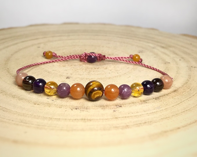 Crystal Abundance Bracelet: Tigers Eye, Jade, Sunstone, Silk Cord
