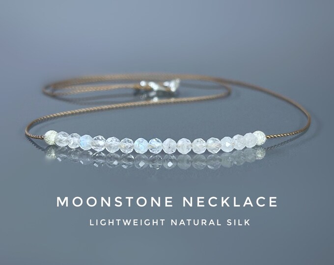 Moonstone Necklace. Moonstone Floating Necklace. Lightweight Natural Silk. June Birthstone Gifts. Incl Gift Box, Info Card & Ribbon Wrap