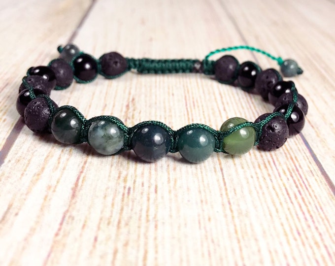 Mens Yoga Meditation Bracelet. Moss Agate. Black Obsidian. Lava Stone. Good Luck. Shamballa Mens Bracelet. Extra Strong Durable Silk Nylon.