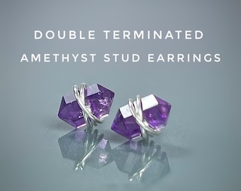 Amethyst Stud Earrings. Double Terminated Amethyst Jewelry. Incl a Gift Box & Crystal Info Card. February Birthstone. Crystal Stud Earrings