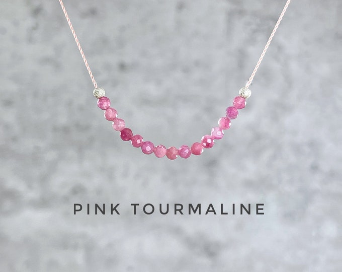 Pink Tourmaline Necklace. Floating Necklace. Lightweight Natural Silk Necklace. October Birthstone Gifts. Incl Gift Box, Card & Ribbon Wrap