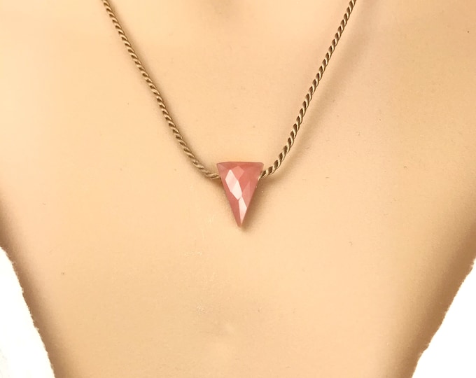 Geometric Pink Opal Triangle Necklace: Raw Gemstone Silk Cord
