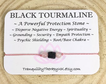 Raw Black Tourmaline Bracelet & Rose Quartz or Choice of Gemstones. Information Card. Psychic Protection. Empath Protection. Positivity.