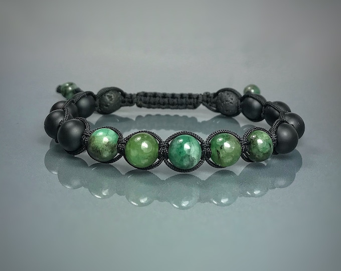 Genuine Emerald Mens Bracelet. May Birthstone. Mens Yoga Bracelet. Mens Mala. Heart Chakra. Stone of Successful Love. Incl Gift Wrapping.
