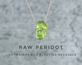Raw Peridot Necklace: Natural Silk Floating Gemstone, August Birthstone