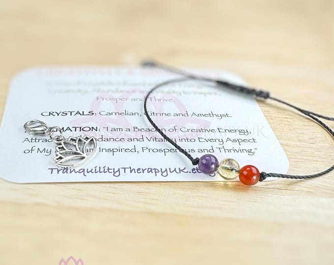 Crystal Energy Bracelet: Amethyst, Citrine, Carnelian with Lotus Charm