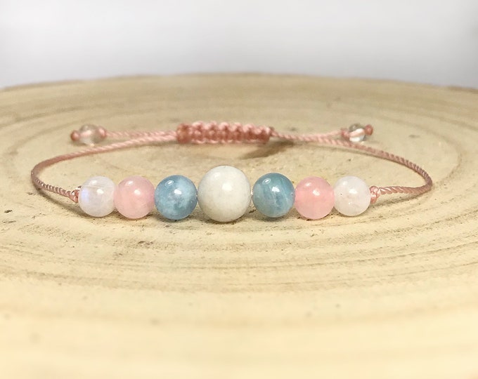 Fertility & Pregnancy Support Bracelet. Rose Quartz. Aquamarine. Moonstone. Feminine Energy. Love. Courage. Heart Chakra. Throat Chakra.