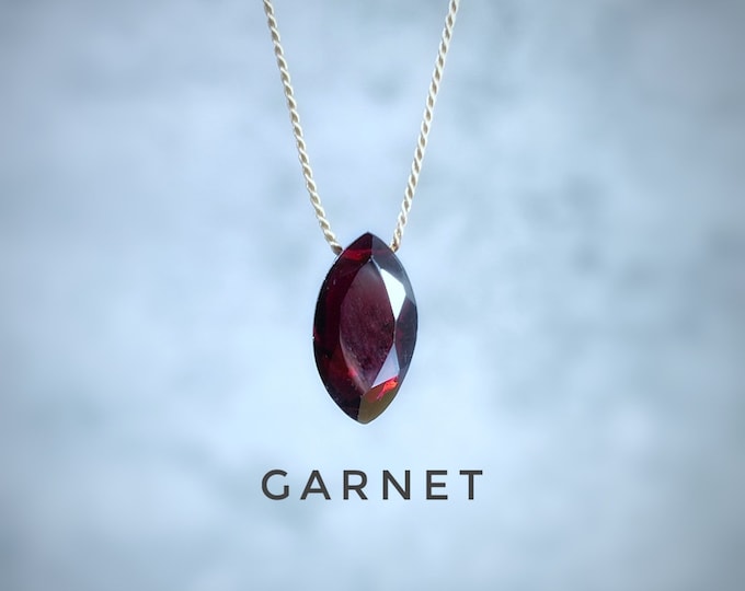 Marquise Garnet Necklace. January Birthdays Teardrop Necklace. Silk Floating Necklace. Gift Box & Info Card. Choice of Birthstones Available