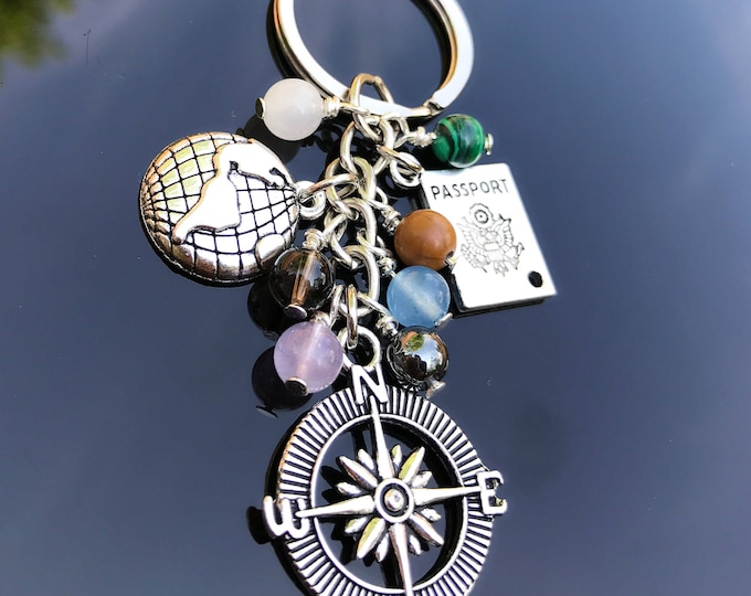 Safe Travel Keyring, Holidays & Journeys.  Includes a Travel Info Card. Travel Protection. Crystal Travel Set. Travel Gift. Bag Charm.