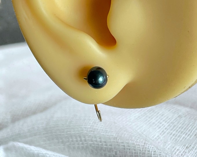 Black Peacock Pearl Huggie Earrings: Sterling Silver June Birthstone