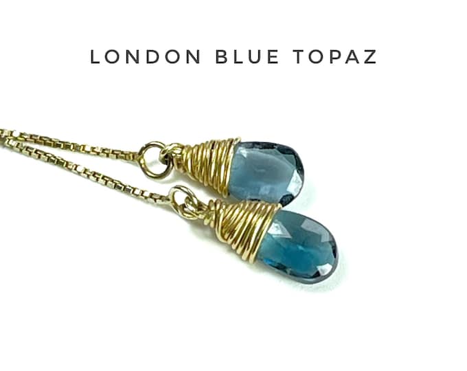 London Blue Topaz Sterling Silver Threader Earrings: Dainty Briolette Drop