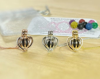 Heart Essential Oil Diffuser. Aromatherapy Diffuser Necklace With Info Card and Pouch. Silver, Gold & Rose Gold With Chain. Genuine