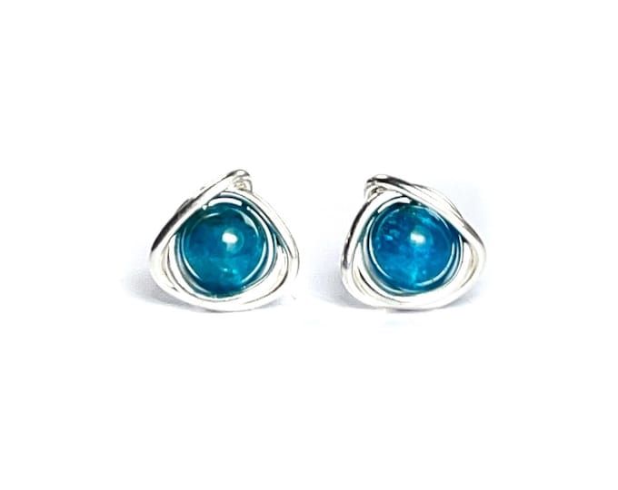 Blue Apatite Stud Earrings. Birthstone Eternity Knot Stud Earrings. Sterling Silver. 14K Gold/Rose Gold Filled. Throat Chakra. Incl Gift Box