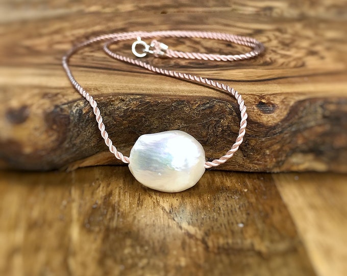 Large Pearl Necklace. Floating Necklace. Natural Silk Necklace. Keshi Pearl.Birthstone Gifts. Incl Gift Box, Crystal Info Card & Ribbon Wrap