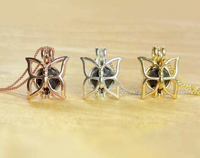 Butterfly Aromatherapy Diffuser Necklace With Information Card and Pouch. Essential Oils Diffuser. Silver, Gold & Rose Gold.Gift Wrap