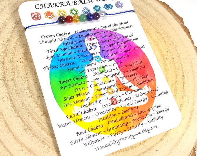 7 Chakra Balancing Gemstone Bracelet With Information Card. Crystal Healing. Yoga, Tranquility Meditation, Rainbow. Genuine Gemstones. Aura.