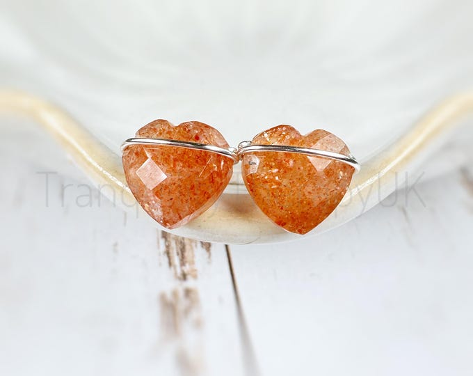 Golden Sunstone Heart Stud Earrings: Sterling Silver, Gift Box Included