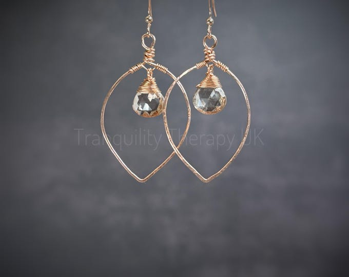 Imperial Topaz Earrings: Dainty Briolette Tear Drop. Hammered Leaf Shape. Sterling Silver, 14K Gold Rose Gold Filled. October Birthstone