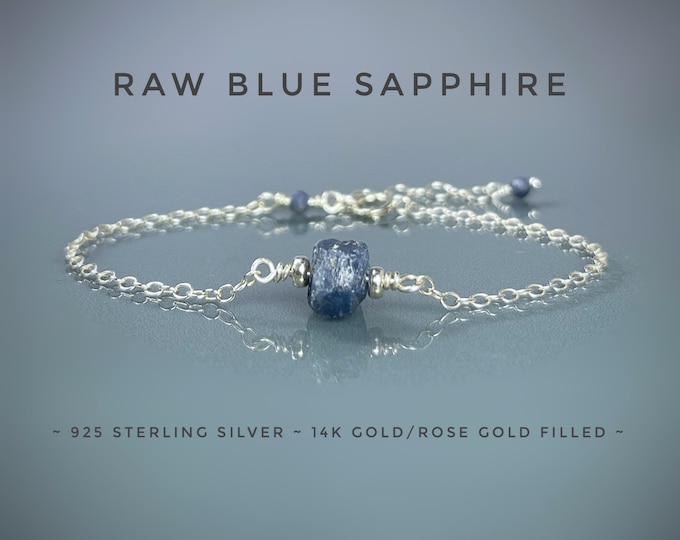 Raw Sapphire Bracelet. September Birthstone Gifts. Incl Gift Box & Info Card. Sterling Silver, 14K Rose Gold Filled. Sapphire Birthday Gifts