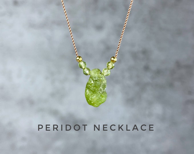Raw Peridot Crystal Necklace. Peridot Floating Necklace. Natural Silk Necklace. August Birthstone Gifts. Incl Gift Box, Information Card