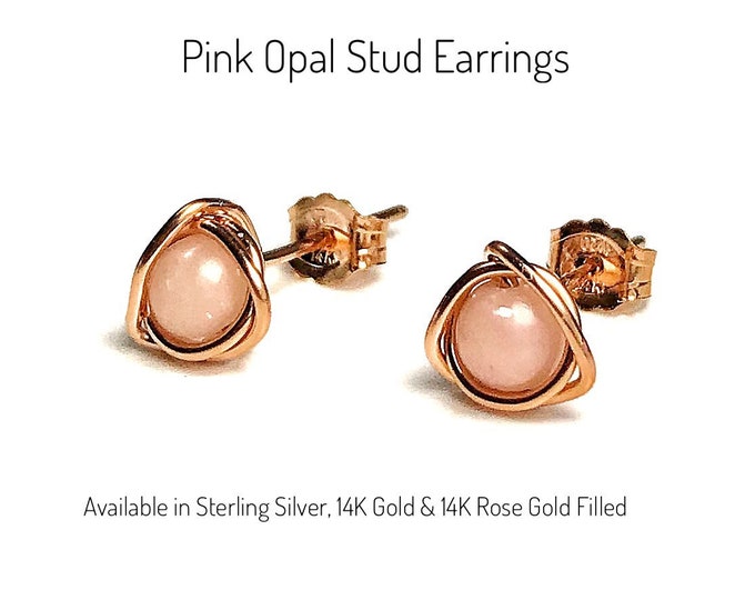 Pink Opal Stud Earrings. Eternity Knot Earrings. October Birthstone. Sterling Silver. 14K Gold. Incl Gift Box & Card. Pink Opal Jewelry