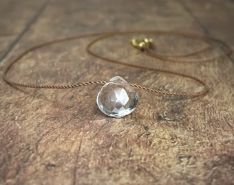 Rock Quartz Necklace. Heart Briollette Teardrop Necklace. Silk Floating Necklace. Gift Box & Info Card. Choice of Birthstones Available.