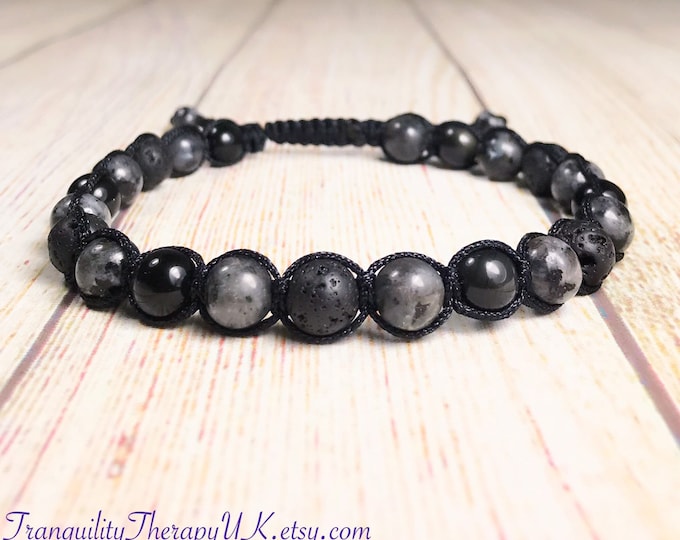 Black Moonstone Labradorite Mediation Bracelet. Lava Stone. Black Onyx. Mens Yoga Mala Bracelet. Lava Diffuser. No Metal. Shamballa Bracelet