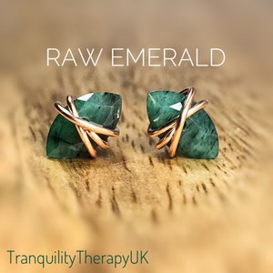 Raw Emerald Stud Earrings: Sterling Silver, Gold Filled, May Birthstone