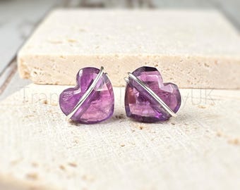 Amethyst Heart Stud Earrings: Sterling Silver, February Birthstone