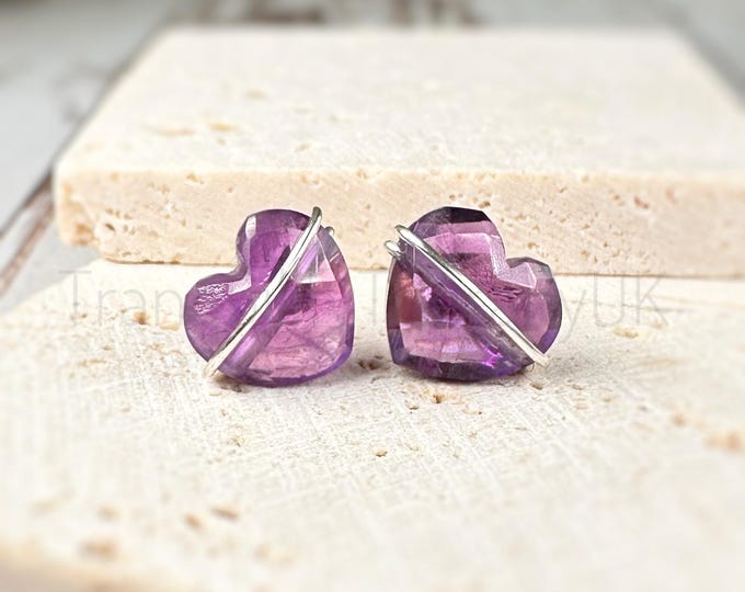 Amethyst Heart Stud Earrings: Sterling Silver, February Birthstone