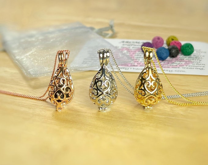 Teardrop Essential Oil Diffuser. Filigree Aromatherapy Diffuser Necklace With Info Card and Pouch.Silver, Gold & Rose Gold With Chain