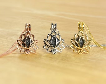 Lotus Flower Aromatherapy Diffuser Necklace With Information Card, Pouch and 7 Coloured Lava Stones  Essential Oils Diffuser.