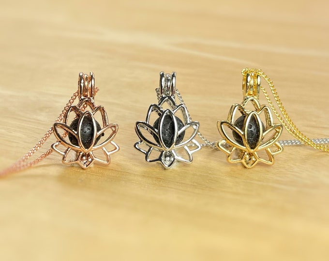 Lotus Flower Aromatherapy Diffuser Necklace With Information Card, Pouch and 7 Coloured Lava Stones  Essential Oils Diffuser.