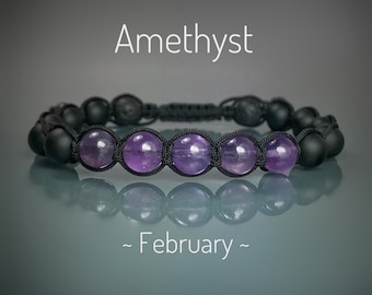 Amethyst Shamballa Bracelet: Lava Stone & Black Onyx, February Birthstone
