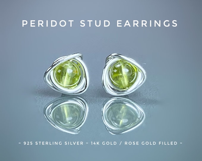 Peridot Stud Earrings. Sterling Silver. 14K Gold/Rose Gold Filled. August Birthstone. Heart Chakra. Includes Gift Box & Info Gift Card.