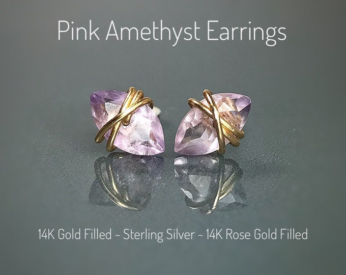 Pink Amethyst Stud Earrings. Sterling Silver. 14K Gold/Rose Gold Filled. Includes Gift Box & Card. February Birthstone. High Grade AAAA