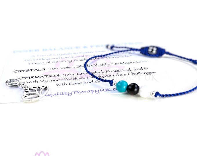Crystal Energy Bracelet: Turquoise, Obsidian, Moonstone with Lotus Charm