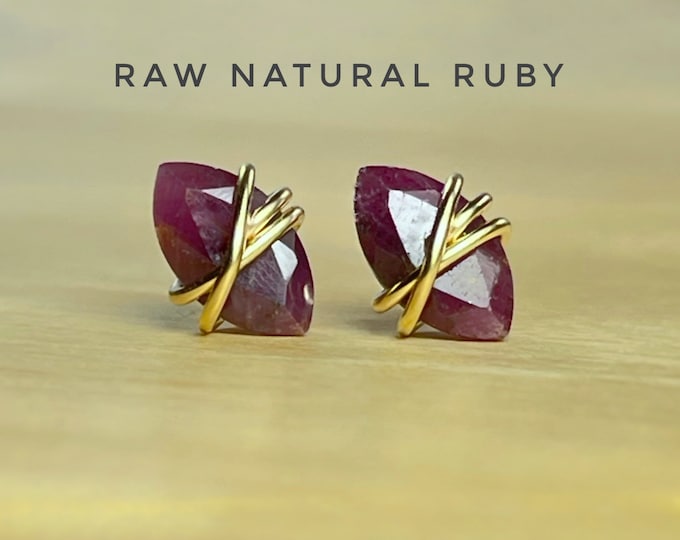 Raw Ruby Stud Earrings. Sterling Silver. 14K Gold/Rose Gold Filled. Includes a Gift Box & Card. Marquise Ruby Earrings. Stone of Love.