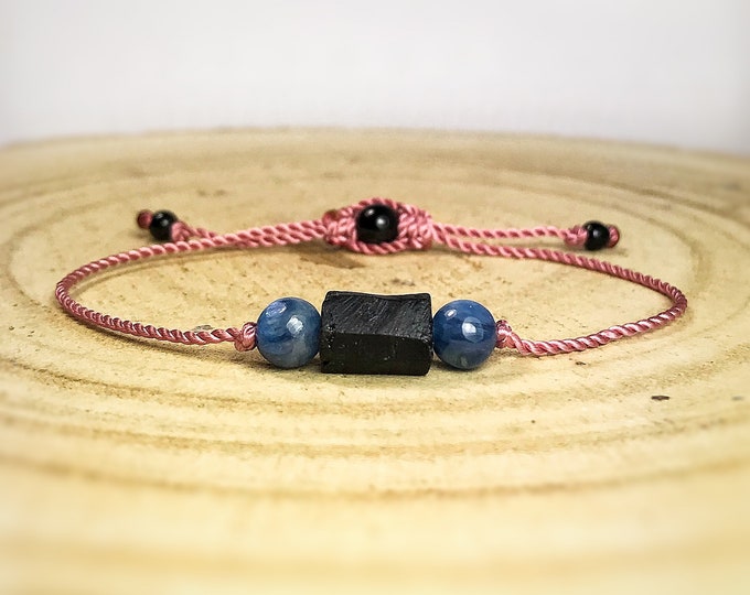 Raw Black Tourmaline & Kyanite Bracelet: Adjustable Gemstone Cord