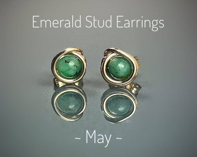 Genuine Emerald Stud Earrings. Eternity Circle. Sterling Silver. Gold Filled. May Birthstone Gifts. Includes Gift Box & Info Gift Card.