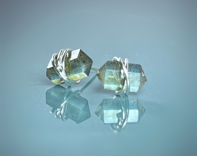 Labradorite Stud Earrings. Double Terminated Labradorite Jewelry. Includes a Gift Box & Crystal Info Card. Labradorite Earrings.